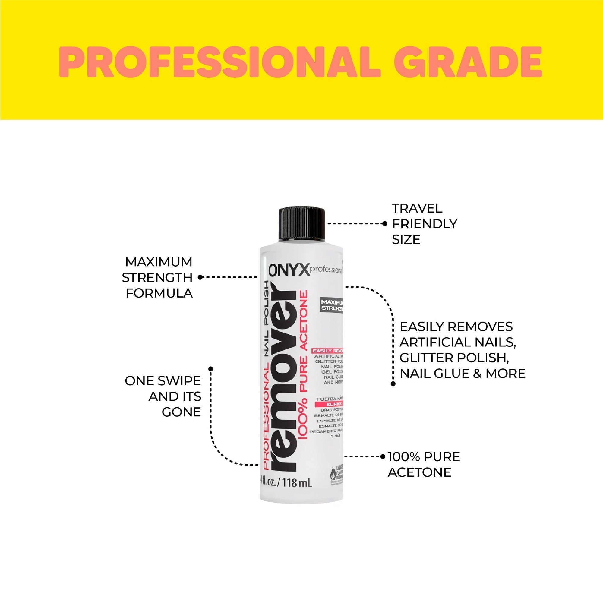 ONYX Professional 100% Pure Acetone Nail Polish Remover, 4 fl oz