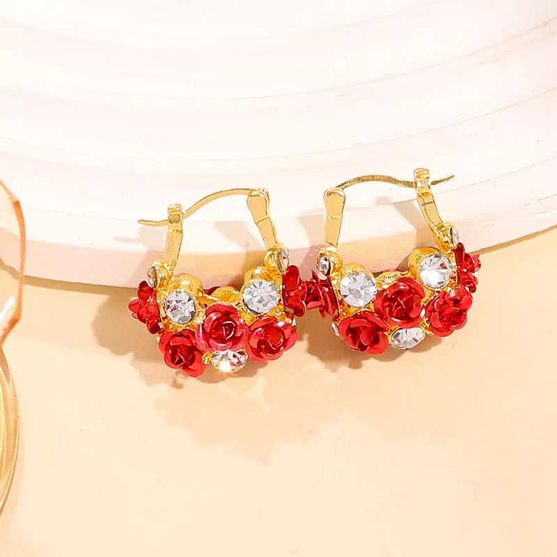Roses with Diamonds U-Shape Fashion Flower Design Light Luxury Niche Earrings